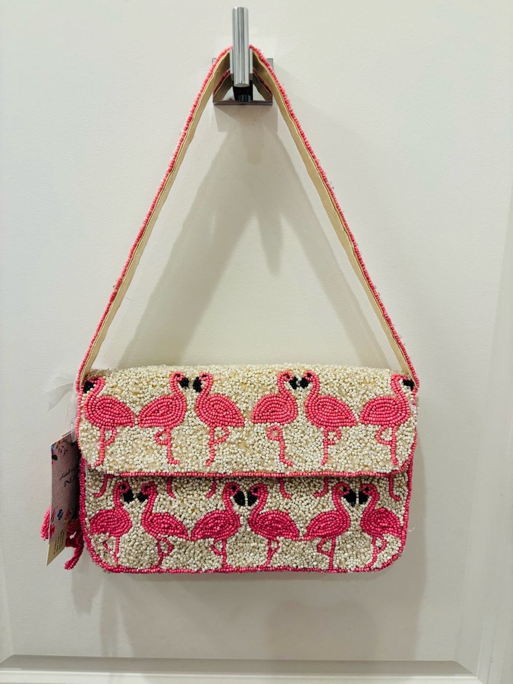 NWT Made in India Beaded Flamingo Shoulder Bag & charm